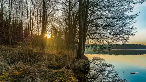 Wschód słońca nad jeziorem Dejguny, kwiecień 2023 r.